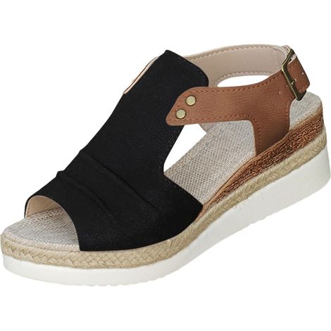 Sandalias de verano para mujer con tacón de cuerda - Sandalias casuales para mujer - Punta plana - Sandalias casuales de playa - Sandalias modernas para mujer - Talla 11, Negro, EU 40 (1/5)