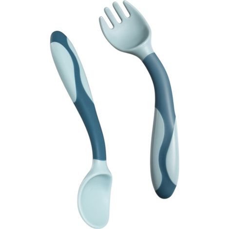 Ensemble de couverts pliables pour l'apprentissage de l'alimentation de bébé, cuillère et fourchette à torsion coudée (bleu) (1/5)