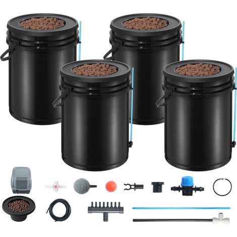 Système de culture hydroponique DWC 4 seaux 5 gallons avec kit goutte-à-goutte, pompe à air, pierres et indicateur de niveau pour légumes feuillus (1/5)