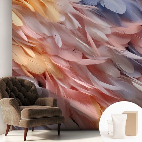 Papier peint intissé mural pour salon chambre à coucher tendance et originale - Colle incluse gratuite Plumes pastel 250x250 cm (1/5)