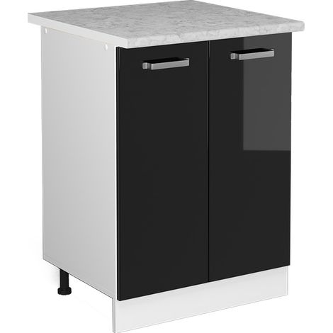 Unterschrank R-Line, Schwarz Hochglanz, 60 cm mit Türen, mit Arbeitsplatte, Vicco