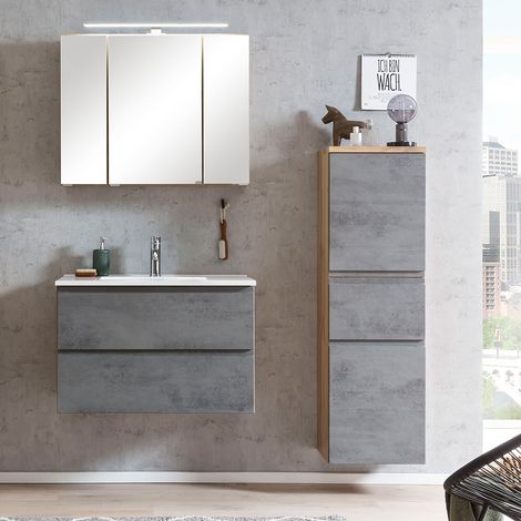 Badmöbel Set mit Aufsatzleuchte und Waschbecken, Wotan Eiche Nb. mit Beton Optik, VASTO-03-CONCRETE, B/H/T ca. 135/200/47 cm (1/5)