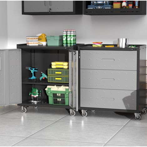 Mobiletto contenitore in metallo con ruote, chiudibile, 75 x 42 x 88 cm, nero e grigio HAVRYA (1/5)