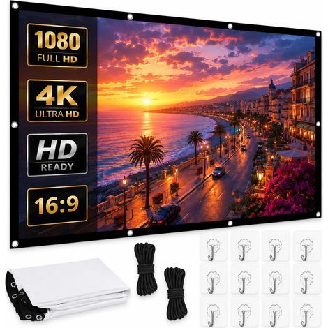 120" Projection Screen with Hooks and Ropes, 16:9 HD Foldable Portable Outdoor Projection Screen for Home Theater Outdoor Cinema School Meeting Camping (1/5)