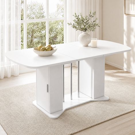 Tavolo allungabile 120/160 x 80 cm con vano, MDF bianco, gambe in metallo argentato DESVIAE (1/5)
