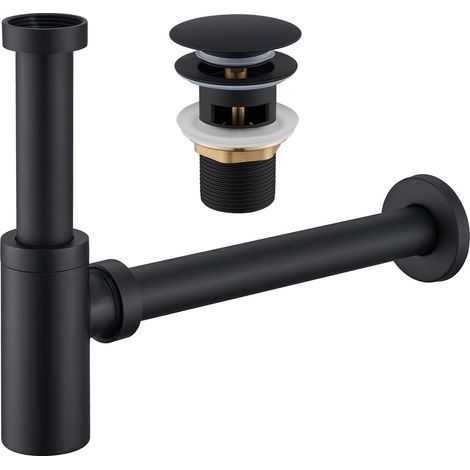 Siphon mit Ablaufgarnitur für Waschbecken – Universeller, geruchsdichter Siphon mit Pop-up-Klick-Klack-Mechanismus und Überlauf – Ablaufgarnitur mit Reinigungsöffnung, mattschwarze Oberfläche (1/5)
