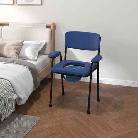 Sedia comoda multifunzionale con secchio removibile, altezza regolabile, sedile e braccioli imbottiti, blu