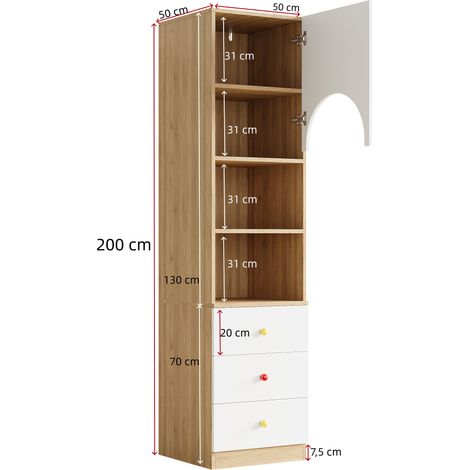 Bibliothèque multi-niveaux avec trois tiroirs et trois étagères. Poignées en céramique,fini blanc et bois,dimensions 50×50×200 cm. (1/5)