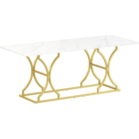 Table à manger 200x80 cm en MDF effet marbre, 8-10 places, pieds métal doré (1/5)