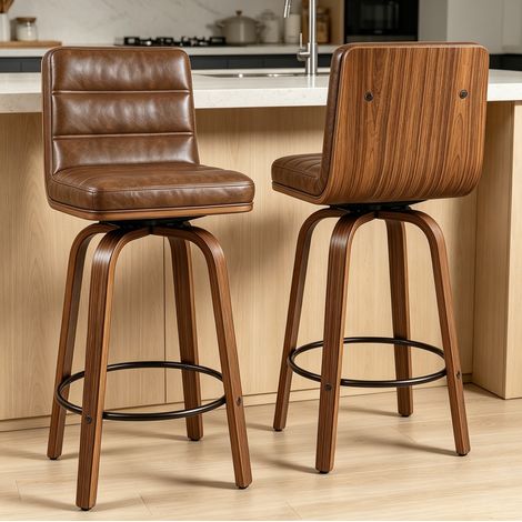 Tabouret de Bar Pivotant en Cuir PU, Dossier Rembourré, Anneau Repose-Pieds, Bois et Métal, Marron Rougeâtre (1/5)
