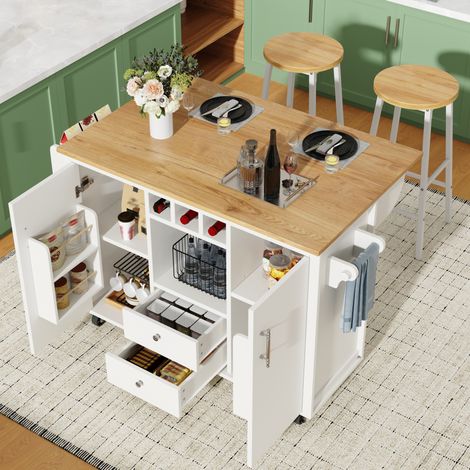 Kücheninsel 137,9 x 45–73 x 92 cm aus MDF/Metall mit 2 Hockern – MEUBLIV (1/5)