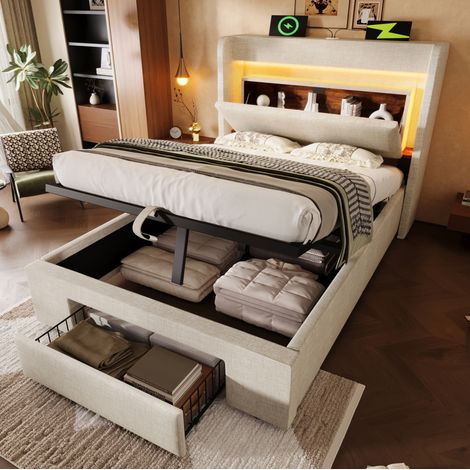Cama tapizada 90/200 cm beige de lino con almacenaje hidráulico, LED y USB-C (1/5)