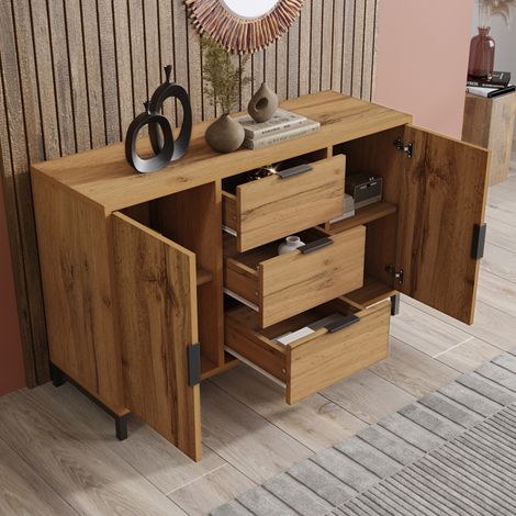 Commode 120x40x76 cm – 3 tiroirs et 2 portes, étagère réglable – chêne foncé (1/5)