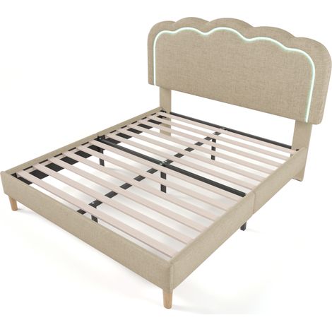 Cama doble LED 140 x 200 cm beige de lino con cabecero regulable y somier (1/5)
