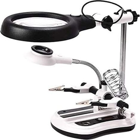 Loupe de table à pince, grossissement 2,5x, 6x, 5x, 10x, lampe avec 18 LED, pince crocodile, support - Idéale pour les loisirs créatifs, la bijouterie et la soudure