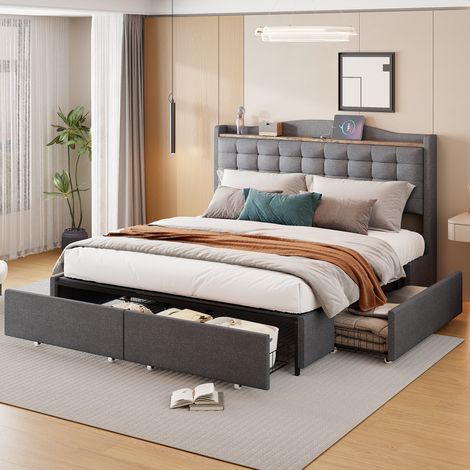 Polsterbett Leinenstoff Grau 160x200 cm mit USB-Ladeanschluss, Ablage, 4 Schubladen und Lattenrost
