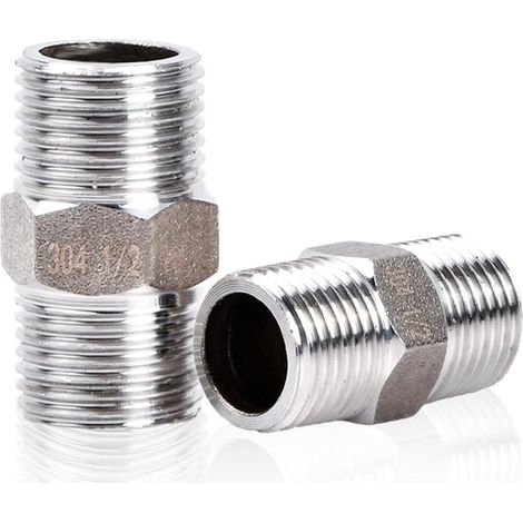 2PCS Stainless Steel Fittings 1/2 Inch, Hexagonal Stainless Steel Nipple - External Thread, Suitable for Hot and Cold Water Supply, Piping, Valves and Inlet Pipe Fittings (1/5)