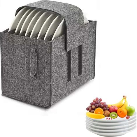 Porte Assiette Feutre, 8 Compartiments Boite Rangement Assiette, Antidérapant et Silencieux Rangement de Vaisselle de Camping, Gris, avec Poignées, pour Ranger Assiettes Moins 26 cm Diamètre