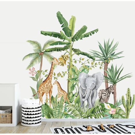 Sollbry Tropische Dschungeltier-Wandaufkleber, Giraffe, Elefant, Pflanzen, Wandaufkleber, Kinderzimmer, Schlafzimmer, Wanddekoration (1/4)