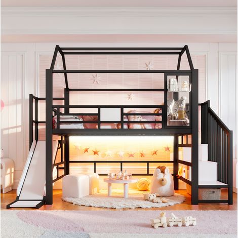 Lit mezzanine enfant maison en métal noir 140 x 200 cm avec toboggan, escalier à rangements, barre de suspension et LED Bluetooth, conforme EN 747 – de FLORAGRACE (1/5)