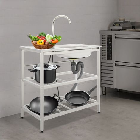 Fregadero de cocina multifuncional de acero inoxidable, fregadero rectangular independiente para exteriores con grifo, práctico fregadero con encimera y estante de dos niveles. (1/5)