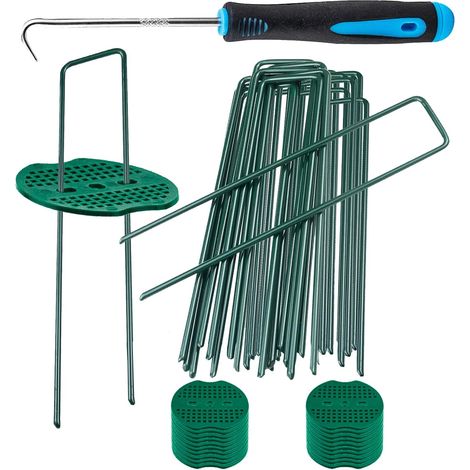 30 Piles de Film de Désherbage en Forme de U en Acier Inoxydable + 20 Rondelles de Coussin + 1 Crochet de Cueillette, Clou de Paysage de Jardin Clou de Gazon Artificiel Accessoires, Vert (1/5)