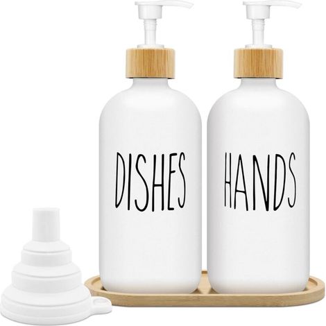 500ml Matte White Soap Dispenser Set, Glass Soap Dispenser with Tray, Dishwashing Liquid Dispenser, Kitchen and Shower Soap Dispenser (White x 2)