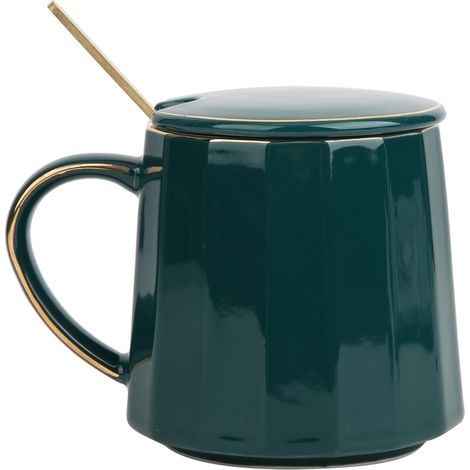 Taza de café de cerámica con tapa, cuchara, antideslizante, para el hogar o la oficina. (1/5)