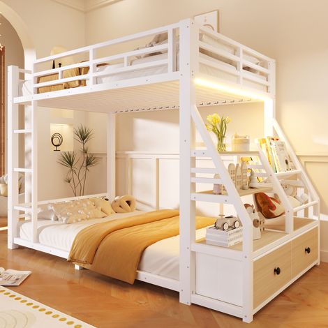 Lit superposé - LED - 90x200 cm - Rangements, 2 tiroirs - Métal et tissu - Blanc (1/5)