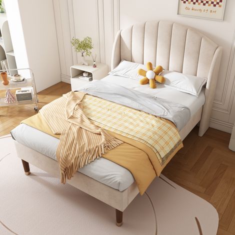 Lit Simple 1 Place, Tête de Lit Rembourrée, 90×200 cm, sans Matelas, en Velours Beige
