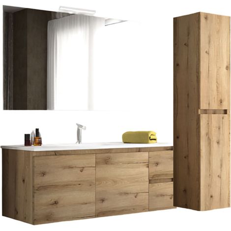 Mobile da Bagno Sospeso con Lavabo 100 cm e Specchio Bali Light 2+2 Rovere Miele (1/2)