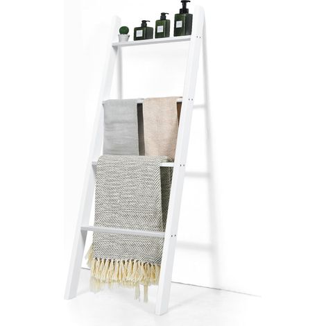 GOPLUS Porte-Serviettes Multifonctionnel en Bois à 4 Niveaux, Étagère Inclinée en Forme d'Échelle pour Serviettes, Couvertures, Support Décorative pour Salles de Bains, Chambres (Blanc) (1/5)