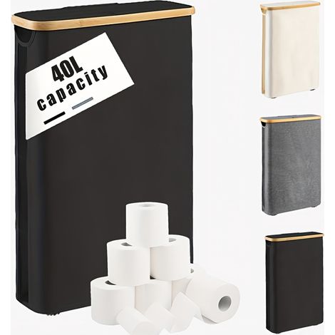 Cesto portabiancheria sottile con coperchio, 40 l, salvaspazio, fodera in rete rimovibile, tessuto Oxford, manici in bambù, pieghevole, 42 x 13 x 70,5 cm, nero inchiostro