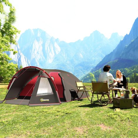 Gris - Tente tunnel camping 2-4 personnes, 2 chambres, étanche 3000mm, fond renforcé, double porte, sac transport, 360×250×130cm