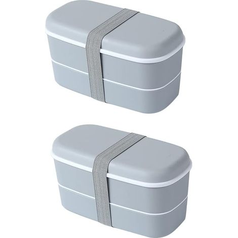 Lot de 2 boîtes à lunch micro-ondables à 2 compartiments, étanches et isothermes, avec baguettes (grises, 2 couches) (1/5)