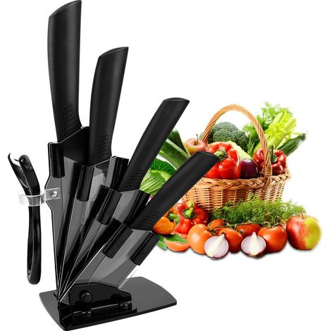 Couteau Ceramique Cuisine, Couteaux en céramique Couteaux de Cuisine (6" Chef, 5" Utilitaire, 4" à Fruits, 3" à éplucher, Éplucheur pour Fruit et Légume) (1/5)