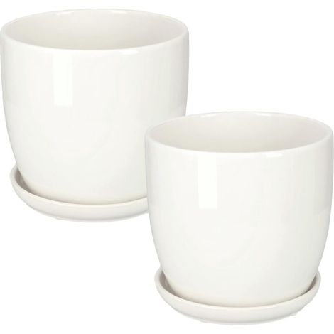 Lot de 2 pots de fleurs en céramique blancs, diamètre 15 cm, avec bac égouttoir intégré, pour fleurs et plantes d'intérieur ou d'extérieur (1/5)