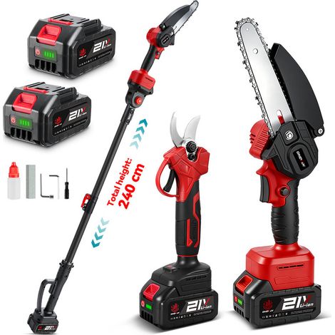Mini Tronconneuse avec Perche 6 Pouces et sécateur électrique 25 mm, ensemble de sécateurs 4-en-1 avec Perche et deux batteries de 3 000 mAh, portée maximale de 2,4 m