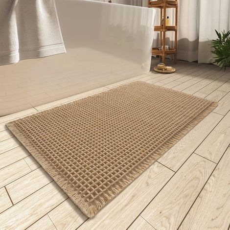 Tapis de bain antidérapant – Marron – 61x92 cm – Avec franges – Lavable et doux (1/5)