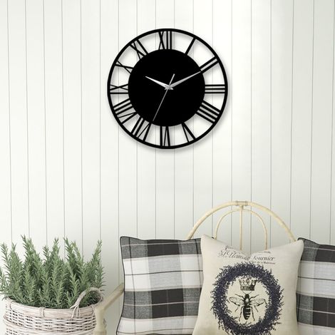 30CM Large Elegant Roman Numerals Open Round Wall Clock, Black and  Silver