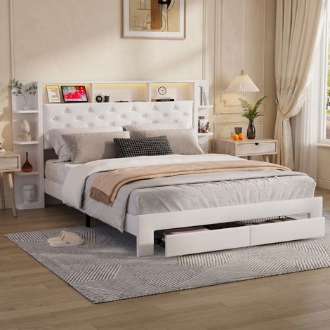 BLANKETSWARM - Lit double adulte 140 x 200 cm, lit double rembourré avec LED Réglable - Tête de lit avec étagères ouvertes - Sommier à Lattes - Velours - Beige (1/5)