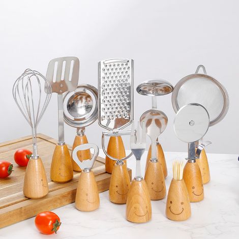 Set di 12 utensili da cucina e da forno con manici in legno e acciaio inossidabile, comprendente mixer, paletta, spatola, forchetta e taglia pizza. (1/5)