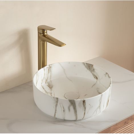 Lavabo da appoggio rotondo in ceramica Stone White con finitura effetto pietra (1/5)