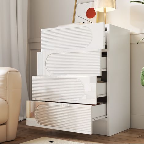 Comodino a 4 cassetti 60x38,5x85 cm bianco in MDF e truciolare con cassetti a estrazione totale (1/5)