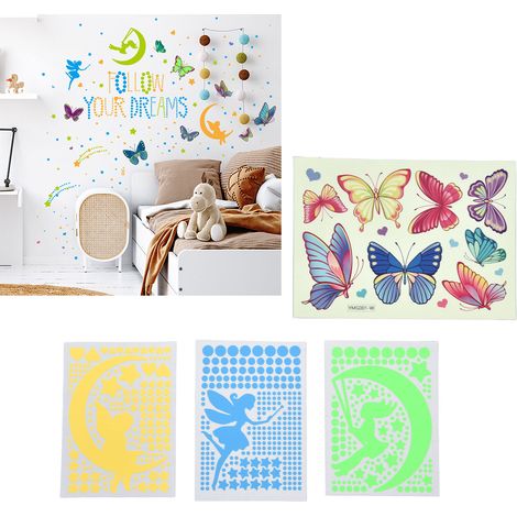Autocollants étoiles phosphorescents, autocollants papillons muraux, autocollants phosphorescents, stickers muraux décoratifs lumineux et auto-adhésifs créatifs pour chambres d'enfants. (1/5)