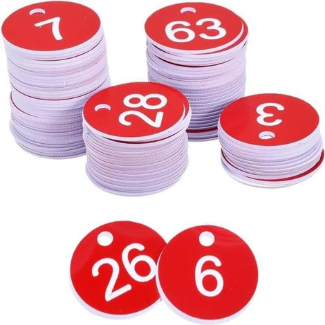 Étiquettes circulaires numérotées 1-100 – en plastique, perforées, rouges, rangement (1/5)