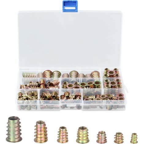 130 Pièces Inserts Filetés Bois M4 M5 M6 M8 M10 Écrous Filetés, Alliage de Zinc Insert Fileté Hexagonale Écrous Inserts, Insert Fileté Écrous à Visser pour Meubles en Bois, avec Boîte en Plastique (1/5)