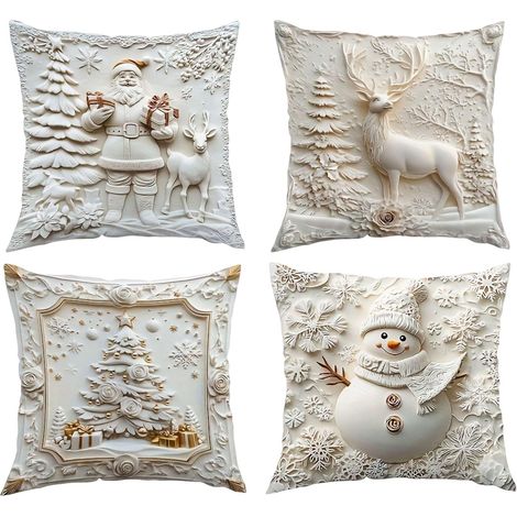 Housses de Coussin de Noël 45 x 45 cm Lot de 4, Taies Douces 3D, Motifs Père Noël Renne Sapin, Déco Hivernale pour Canapé Chambre (1/5)