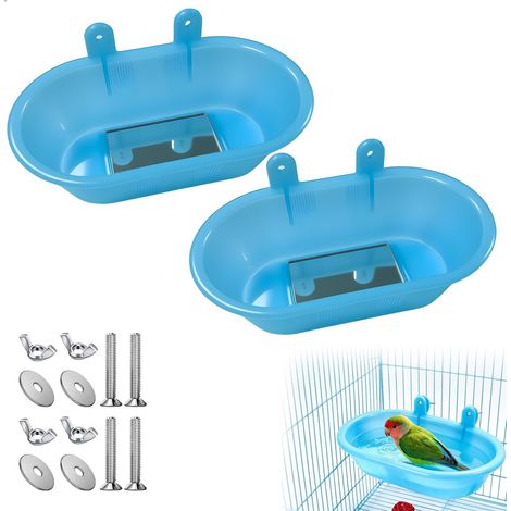 Baignoire Oiseaux Cage avec Miroir, Douche pour Perruche avec Fixation par Vis, Bain pour Perruches Calopsittes et Petits Oiseaux, Accessoire Cage Oiseau, Bleu (1/5)