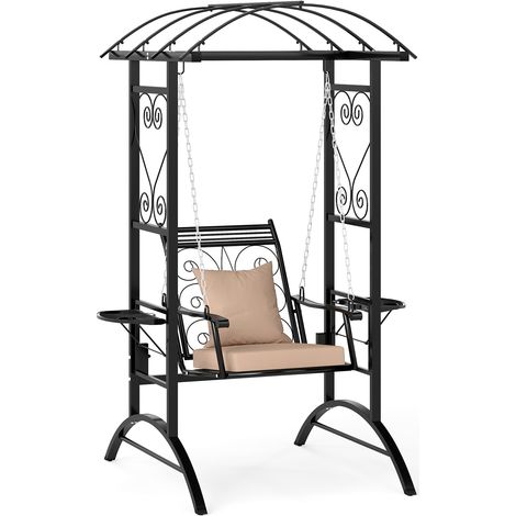Balançoire de jardin complète cadre métal avec 2 treillis latéraux, coussins épais et tables latérales pliables avec porte-gobelets, hauteur ajustable charge max 160kg pour terrasse jardin véranda (1/5)